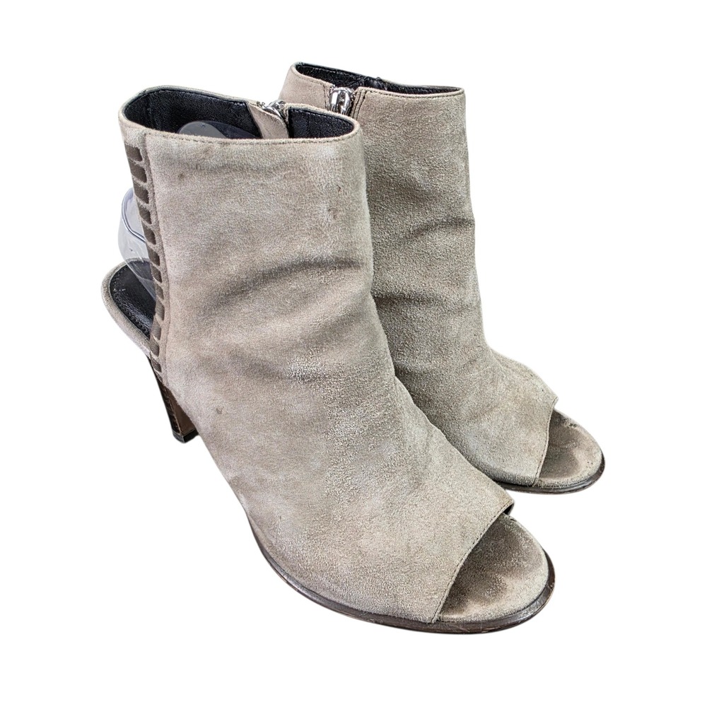 Coach Izzie Peep Toe Bootie Womens 8.5B Taupe Good Suede Whipstitch Heel Zip